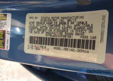 2013 Toyota Corolla Le z USA, uszkodzony, nr VIN 5YFBU4EE4DP207981